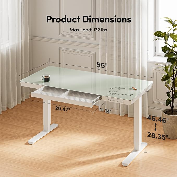 FEZIBO 55 × 24 Electric Standing Desk with Drawers, Whole-Piece Glass Adjustable Height Desk, One-Piece Quick Install Adjustable Sit Stand Desk, White