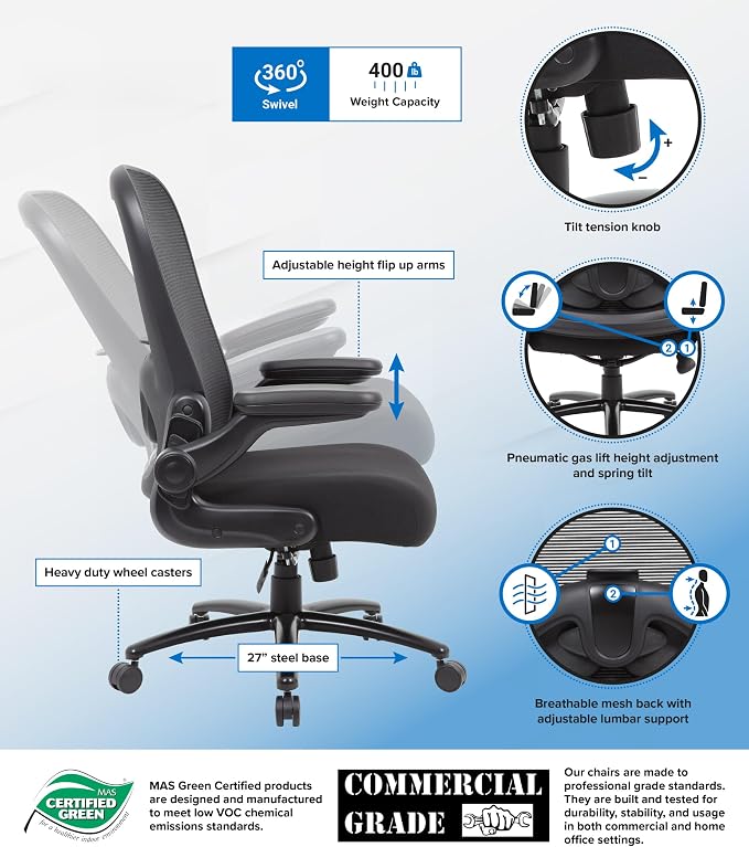 BOSS Heavy Duty Flip Arm Mesh Task Chair – Big & Tall Ergonomic Office Chair