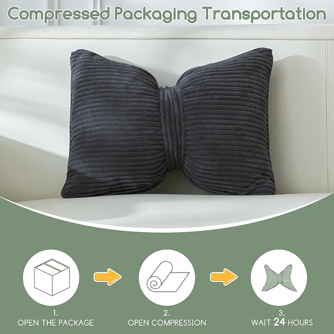 HIGOGOGO Lumbar Support Pillow for Recliner Chair, Bow Knot Shaped Back Support Cushion, Striped Corduroy Soft Decorative Lumbar Pillow for Office Chair, Sofa, Car, Bed, Living Room - Dark Grey