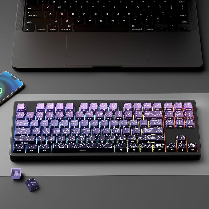 FunHub Shine Through PBT Keycaps - Purple Gradient Topographic Backlit Keycaps Set 133 Keys 60 65 75 100 Percent Cherry Profile,Side Printed Double Shot RGB Key Caps for MX Switches Gaming Keyboard