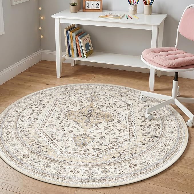 Puino 5FT Round Area Rug: Washable Oriental Circle Rugs Low Pile Soft Carpet with Non Slip Backing for Living Room Vintage Indoor Rug for Bedroom Kitchen Nursery Dining Room Home Office Beige/Gray