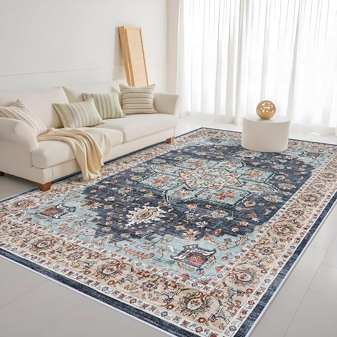 Washable Oriental Area Rug - 10x14 Rugs for Living Room Soft Carpet for Bedroom Waterproof Floral Distressed Indoor Stain Resistant Non-Shedding Floor Carpets (Blue/Teal/Orange, 10X14)