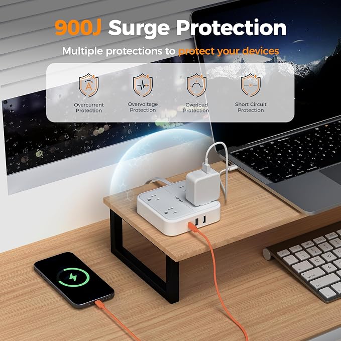 TESSAN Surge Protector Flat Extension Cord 5Ft, Flat Plug Power Strip with 4 Outlets 3 USB Ports (1 USB C), 1875W 15A, 900 Joules Protection, Multiple Wall Outlet Extender Suitable for Home, Grey