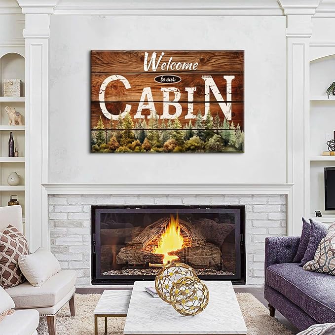 Rustic Cabin Wall Art Brown Woodland Nursery Wall Decor for Living Room Vintage Farmhouse Forest Grain Background Prints Welcome to our Cabin Picture Modern Artwork Bedroom Cave Home Decoration 32x48"