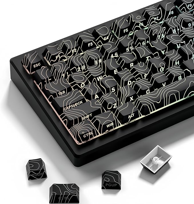 dagaladoo Double Shot PBT Keyboard keycaps Set,Black Topographic,Shine Through Custom keycap,Side Printed keycaps dye sub,Cherry Profile keycap for TKL US Layout Mechanical Keyboard(134keys)