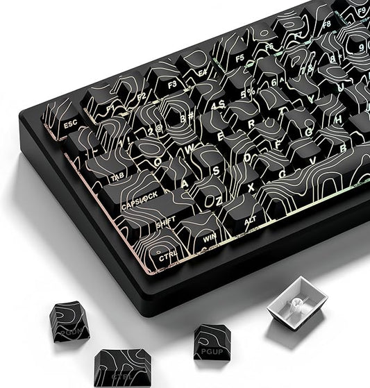 dagaladoo Double Shot PBT Keyboard keycaps Set,Black Topographic,Shine Through Custom keycap,Side Printed keycaps dye sub,Cherry Profile keycap for TKL US Layout Mechanical Keyboard(134keys)