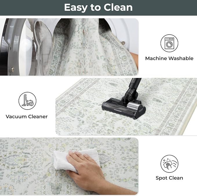 GRANNY SAYS Boho Kitchen Rug Sets of 3, Non Slip Washable Faux Wool Kitchen Mats for Floor, Thick Soft Anti-Fatigue Comfort Standing Mat Runner Rugs for Hallway Laundry Room, Green & White