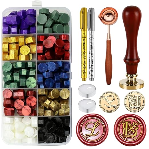 Letter Wax Seal Stamp Kit - Initial Alphabet L Stamp Head 2pcs, Vintage Monogram Stamps Wax Seal Kit with 200pcs Assorted Sealing Beads, Spoon, Metallic Gold Silver Pens