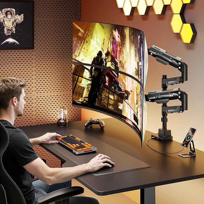 ARES WING Heavy Duty Dual Monitor Mount with USB for 24-57 Inch, Black | Adjustable Stacked Gas Spring Desk Mount for 2 Ultrawide Screens, VESA 75/100/200mm Mount