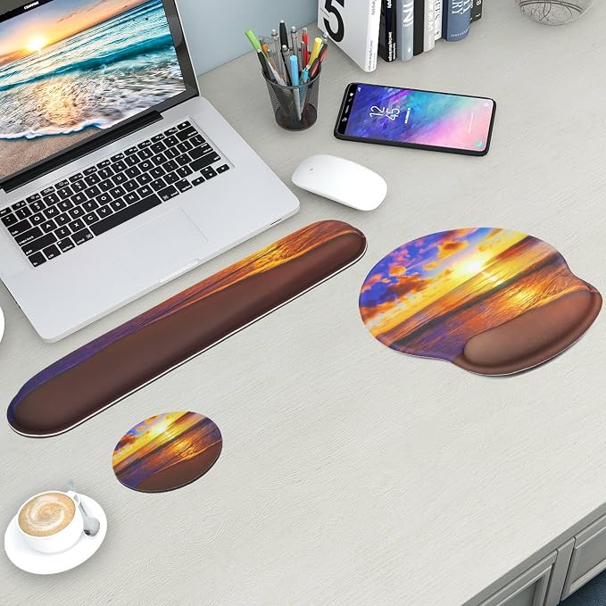 Mouse Pad and Keyboard Wrist Rest Support, with Non-Slip PU Base,Gel Mouse Pad with Coaster,Pain Relief for Gaming, Computer,Office -Sunset Beach