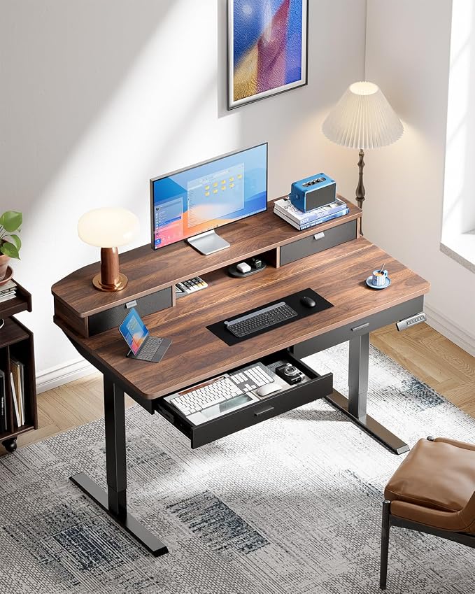 HUANUO 48 x 30 inch Electric Standing Desk with 4 Drawers, Walnut | Deeper 30 Inch Desktop, Cable Tray, Monitor Mount Support, Grommet Routing, 27.9–46.8 Inch Height Range, Home Office Use