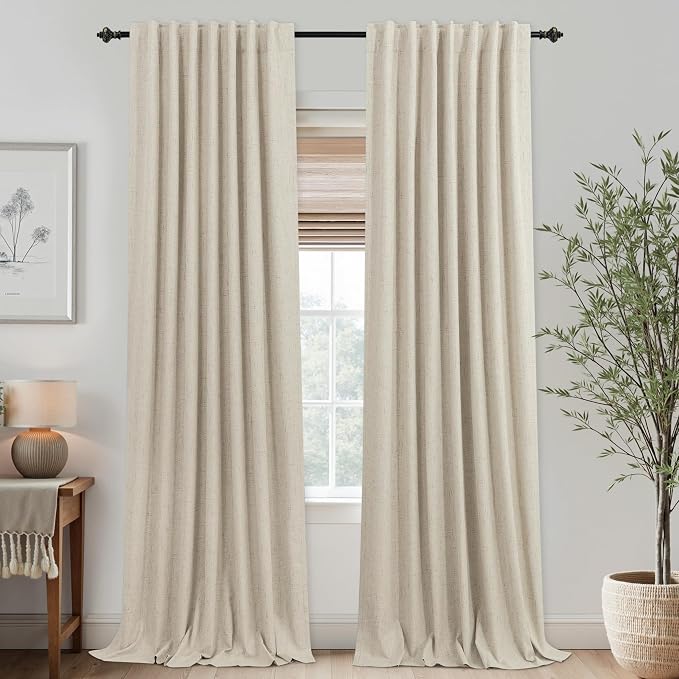 KOUFALL 132 Inch Linen Blackout Curtains, 11FT High Ceiling Extra Long Rod Pocket Back Tab Drapes for Living Room Bedroom, 2 Panels Set, 11 FT Length 52'' W x 132'' L Inches, Natural Linen/Tan Beige