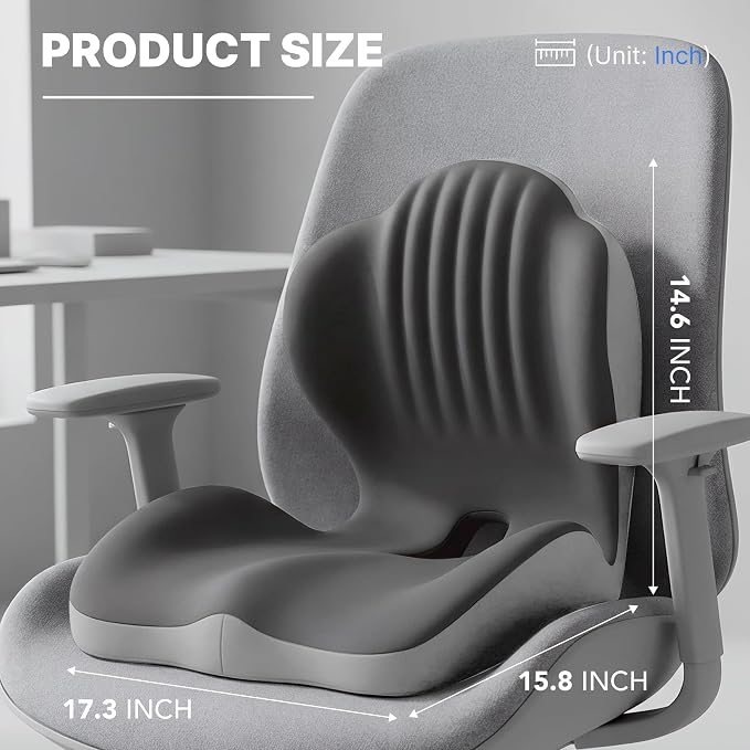 Ergonomic Seat Cushion, Office Chair Seat Cushions with L-Shaped Integrated Design, Memory Foam Orthopedic Cushion with Coccyx Hollow, Lumbar Support & Tailbone Pain Relief for Long Sitting (Grey)