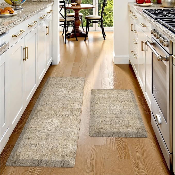 Collive Kitchen Mats for Floor 2PCS, Cushioned Anti Fatigue Rugs Non Slip Waterproof Kitchens Sink Rug, Vintage Floral Comfort Standing Mat for Laundry, Desk, Bar, Office, 17.3''x28''+17.3''x47''