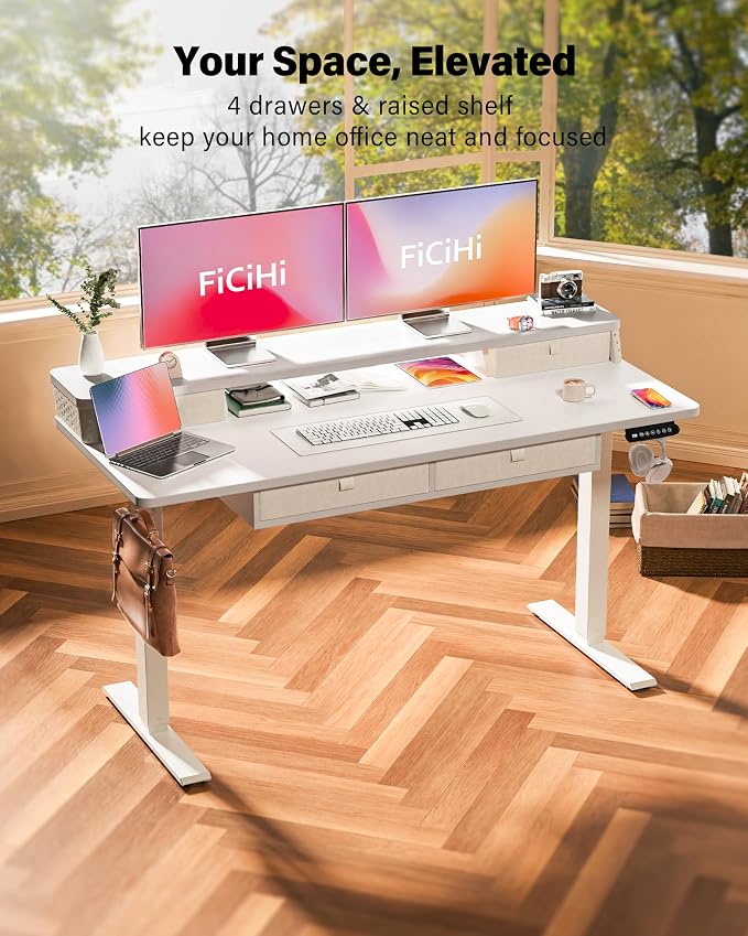 FiCiHi 55x24 Inch Electric Standing Desk, 4 Drawers, Adjustable Height Desk | Sit Stand Computer Desks, C-Clamp Compatible Home Office Desk with Monitor Stand, Cable Management, 3 Preset Heights