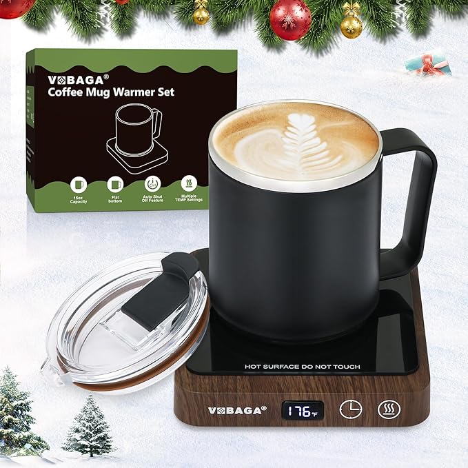 VOBAGA Coffee Mug Warmer &15oz Mug Set for Desk, Smart Coffee Cup Warmer for Office Home with 5 Temp Settings, Coffee Warmer with 2-12H Auto Shut Off, for Candles Coffee Cocoa Milk, Coffee Accessories