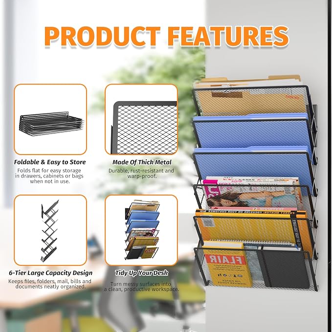 Magnetic File Holder, 6-Tier Foldable No Drilling Magnetic File Folder Holder, Space-Saving Black Magnetic Hanging File Organizer for Whiteboard, File Cabinets, Refrigerator, Office, Kitchen