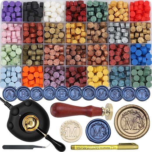 732 Pcs Sealing Wax Stamp Kit with Electric Wax Seal Warmer, Initial Alphabet M Seal Stamp, Assorted Colors Waxseal Beads, Spoon, Pen, Letter Sealingwax Kit (M)