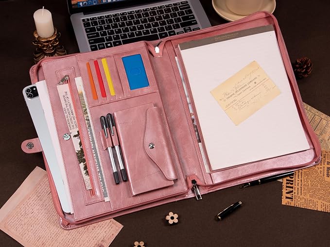 AZXCG Portfolio Binder, Pink Padfolio with Handle and Zipper,Leather Padfolio for Women,Professional Business Portfolio Organizer,A4 Notepad Holder, Gift for Valentine's Day,Girls and Women,