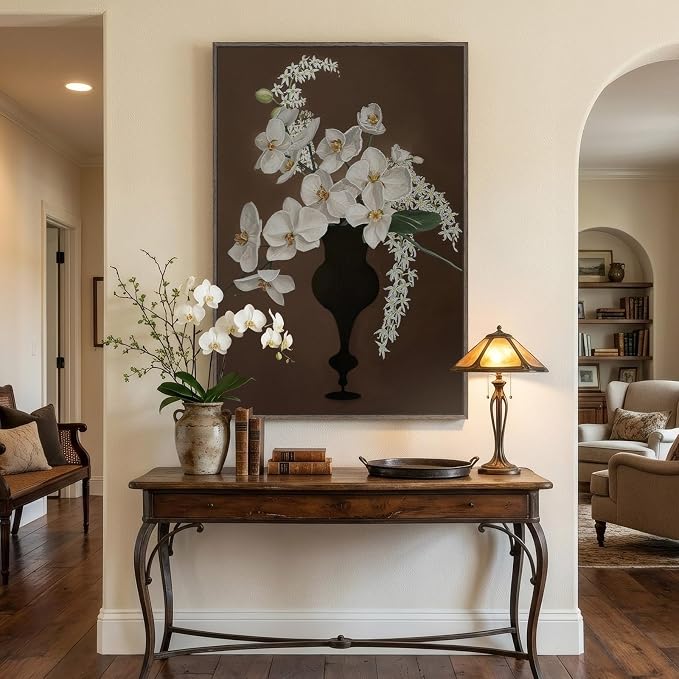 Framed Vintage Floral Vertical Wall Art, Retro White Orchid Flower Canvas Artwork for Kitchen, Classical Moody Dark Botanical Painting Prints for Bedroom Dining Room Living Room Bar Wall decor, 24x36