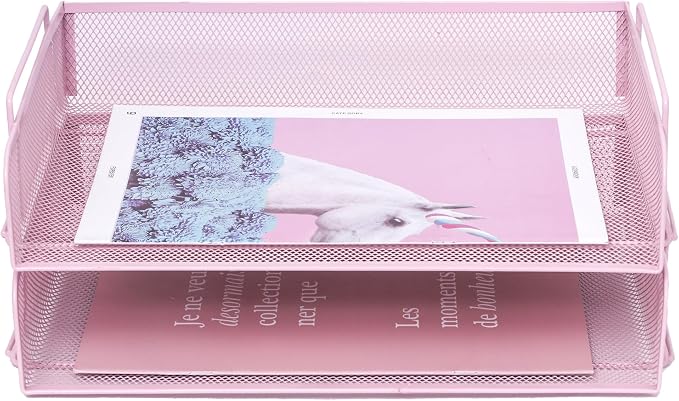 2 Pack Stackable Desk Paper Tray, Metal Mesh Desktop Document Letter File Organizer for Office Home School, 13.5'' L x 9.75'' W x 5.5'' H, Pink