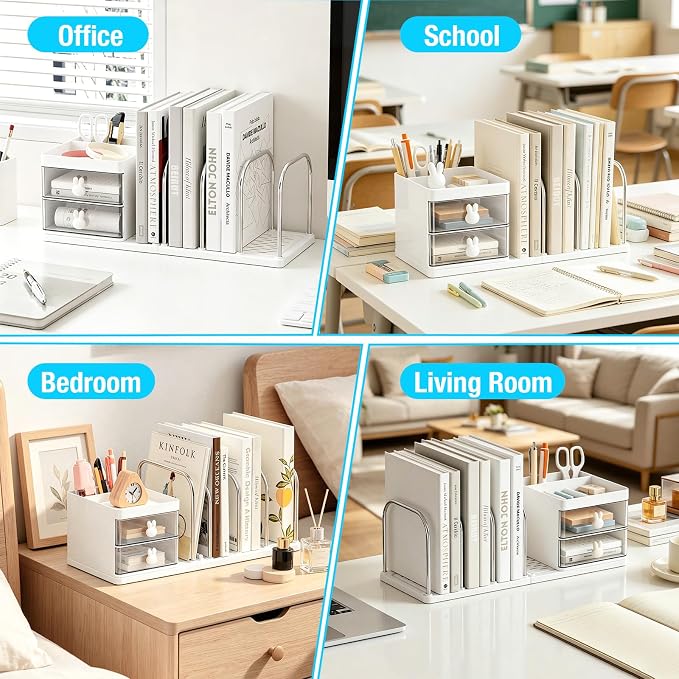 SAYEEC Desk Organizer with File Sorter Detachable Desktop Organizer 4 Sections Adjustable Bookends Plastic Storage Box with 2 Drawers Multi-Functional Pen Pencil Holder File Organizers for Office Home