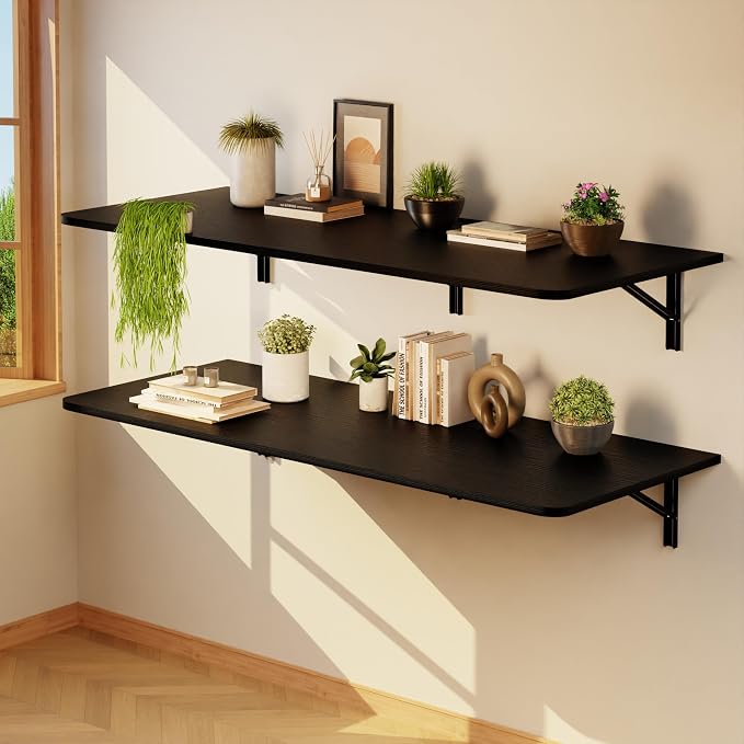 IAE Wall Mounted Floating Foldable Desk, 55" x 22" Folding Computer Workstation Table with Engineered Wood and Metal Shelf Brackets,Fold&Floating Design for Home Office, Apartment,Laundry Room,Black