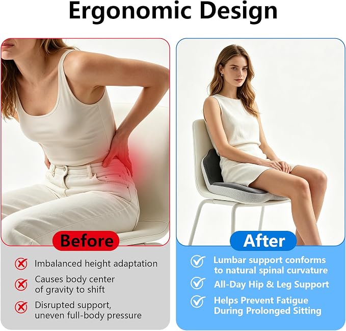 Memory Foam L-Shaped Ergonomic Cushion for Office | Chairs Comfort & Support for Long Sitting Memory Foam U-Shape Tailbone Relief + L-Shape Back Cushion
