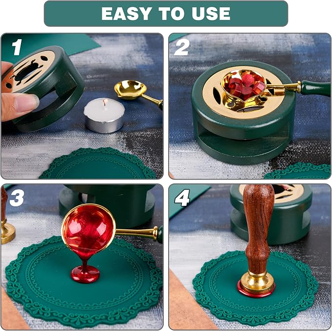 Wax Seal Kit Furnace with Spoon and Silicone Pad for Melting Wax Seal Beads or Sticks, Green