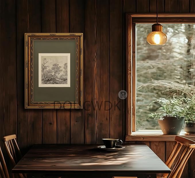 Vintage Gold Framed Wall Art Tree Forest Landscape Painting Canvas Prints Green Gray Tree Natural Sketch Picture Rustic Farmhouse Poster Artwork for Living Room Bedroom Bathroom, 12x16in