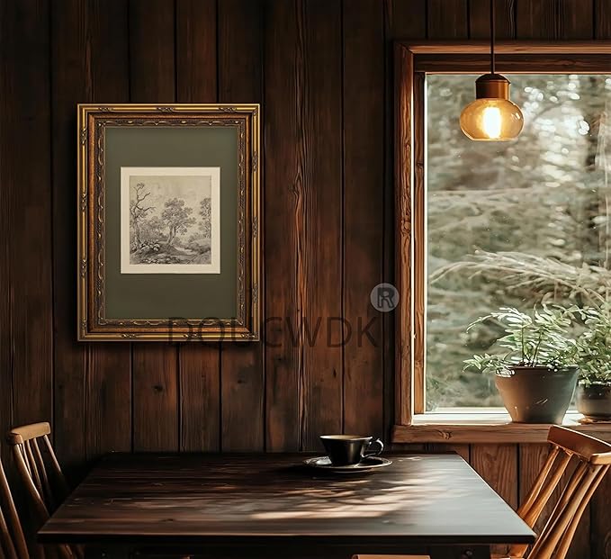 Vintage Gold Framed Wall Art Tree Forest Landscape Painting Canvas Prints Green Gray Tree Natural Sketch Picture Rustic Farmhouse Poster Artwork for Living Room Bedroom Bathroom, 16x24in