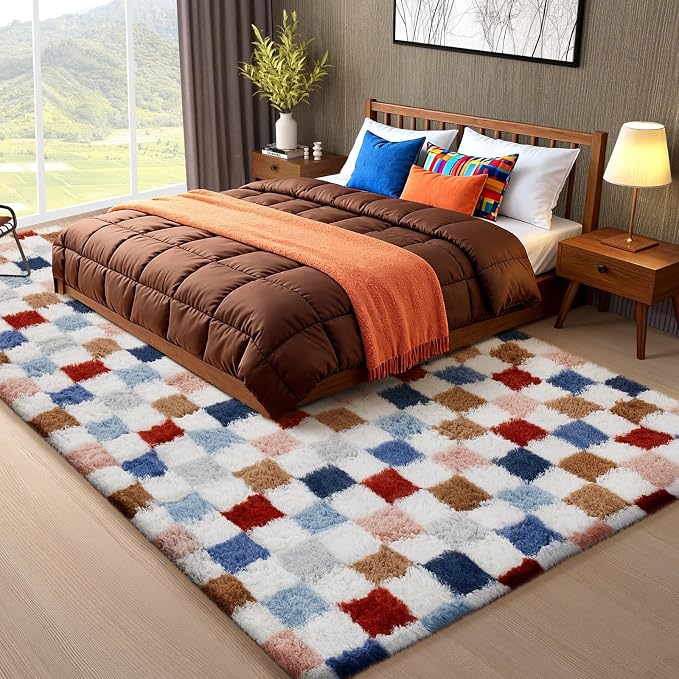Ophanie Checkered Rainbow Rug for Living Room Bedroom,Colorful Fluffy Soft Cute Fuzzy Area Rugs,Shag Plush Shaggy Bedside Floor 8x10 Furry Carpet for Kids Teen Dorm Decor with Over 99 pcs Pile fibers