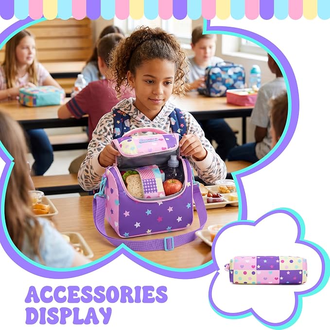 Kids Backpack for Girls 6-8,Girls Backpack for School,Kids Bookbag with Lunch Box,Pink Bookbag for Elementary Girl with Padded Straps
