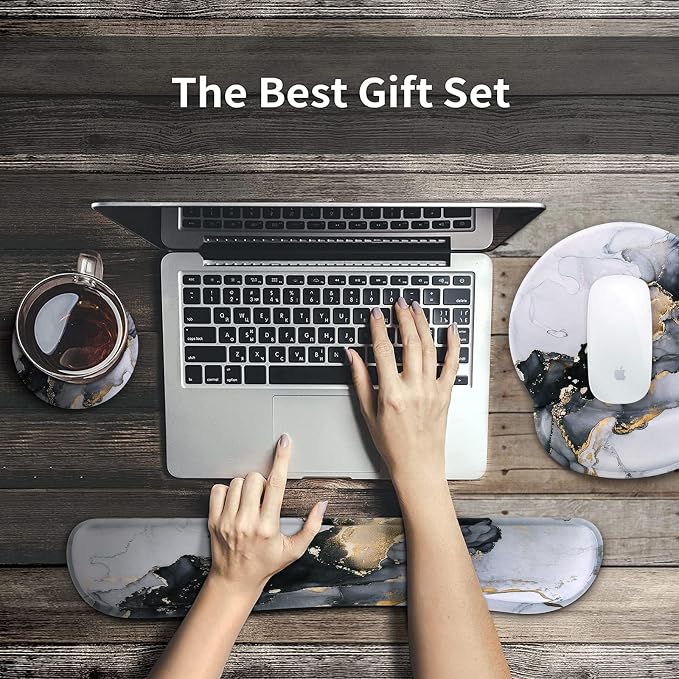 iCasso Desk Mat, Gaming Mouse Pad Wrist Support Set,4in1 XXL Large Mousepad + Keyboard Wrist Rest+Mouse Wrist Rest+Coaster Set with Ergonomic Design for Home Office Table Computer-Grey Ink Marble
