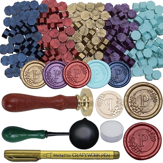 Initial Alphabet Wax Seal Stamp Set, Retro Letter P Sealing Stamp with 150Pcs Sealing Wax Beads in 5 Color, Melt Non Stick Spoon Pen Kit for Wedding and Christmas (P)