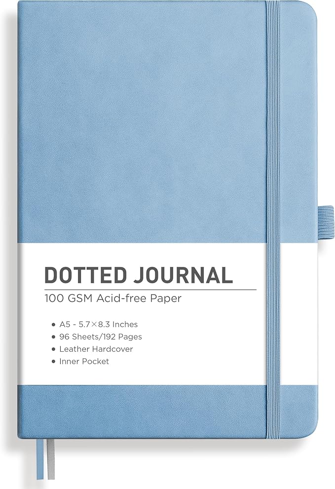 RETTACY Dotted Journal Notebook, 192 Pages, A5 Medium Size (5.7'' x 8.3''), Leather Hardcover, 100 GSM Thick Paper, for Journaling, Planning, Tracking (Light Blue)