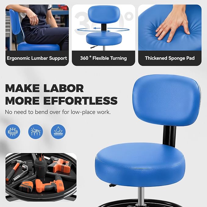 Shop Stool with Wheels for Garage, Mechanics Rolling Chair with Backrest, Adjustable Height Heavy Duty Garage Stool with Footrest and Storage Tray, Swivel Task Chair for Workshop Kitchen Salon (Blue)