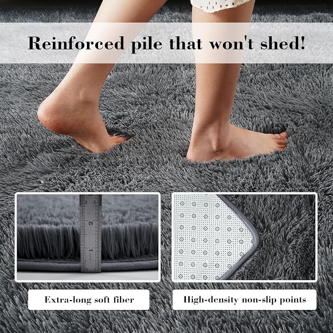 Soft Runner Rugs for Bedroom, Grey 2x6 Area Rugs Fluffy Rug Shag Area Rug Carpet, Bedside Rug for Living Room Bedroom Room Home Decor