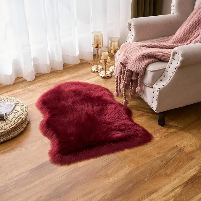 EasyJoy Ultra Soft Fluffy Shaggy Area Rug Faux Fur Rug Chair Cover Seat Pad Fuzzy Area Rug for Bedroom Floor Sofa Living Room (2 x 3 ft Sheepskin, Burgundy)