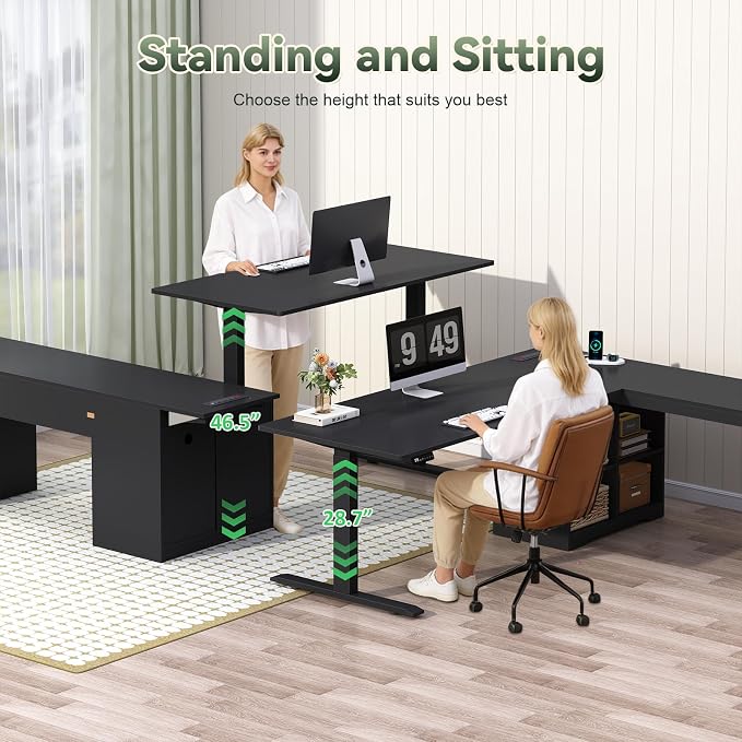 66 inch Farmhouse L Shaped Standing Desk with Storage for Home Office | Corner Electric Standing Desk with Drawers ＆ Storage Shelves, Height Adjustable Computer Desk with Power Outlets, Black