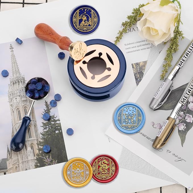 SWANGSA Wax Seal Warmer Kit, Sealing Wax Furnace Tool with 2pcs Wax Seal Pens + Wax Seal Spoon and 2pcs Candles for Sealing Wax Stamp Wedding Invitation Envelope Letter (Starry Blue)