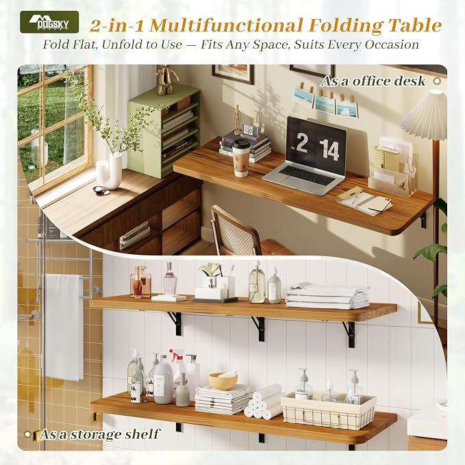 Dogsky Floating Wall Desk, 48" x 16" Wall Mounted Folding Table, Pine Wood Fold Down Wall Table, 300 lb Capacity Wall Mount Desk for Small Apartment, Laundry Room,Kitchen,Bar & Computer,Burning Yellow