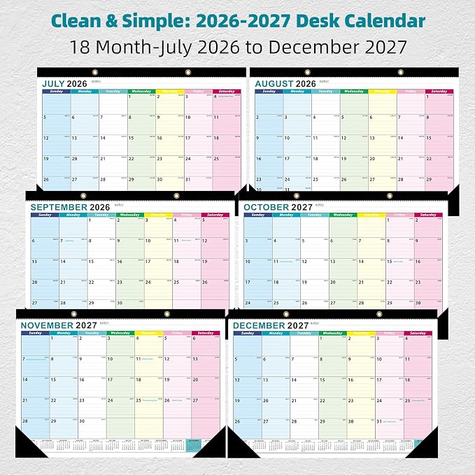 ZTX Desk Calendar 2026-2027 Calendar Desk Calendars 2026-2027-18 Month Planner Big 17"x12" Jul.2026-Dec.2027 Clear Plastic Cover for Home Office School Colorful