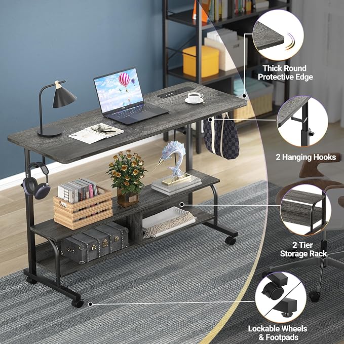 Armocity Rolling Standing Desk with Charging Station, Portable Height Adjustable Mobile Computer Desk with Wheels & 2-Tier Shelves & Hooks, Easy Assembly Laptop Table for Couch Bed, 47" Grey Oak