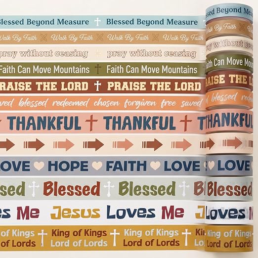 Christian Washi Tape Set 24 Rolls 12 Styles with 4 Widths (0.75cm/1cm/2cm/3cm) x 3cm Length Religious Scripture Decorative Tape for Scrapbooking Journaling Gift Wrapping Arts DIY Crafts