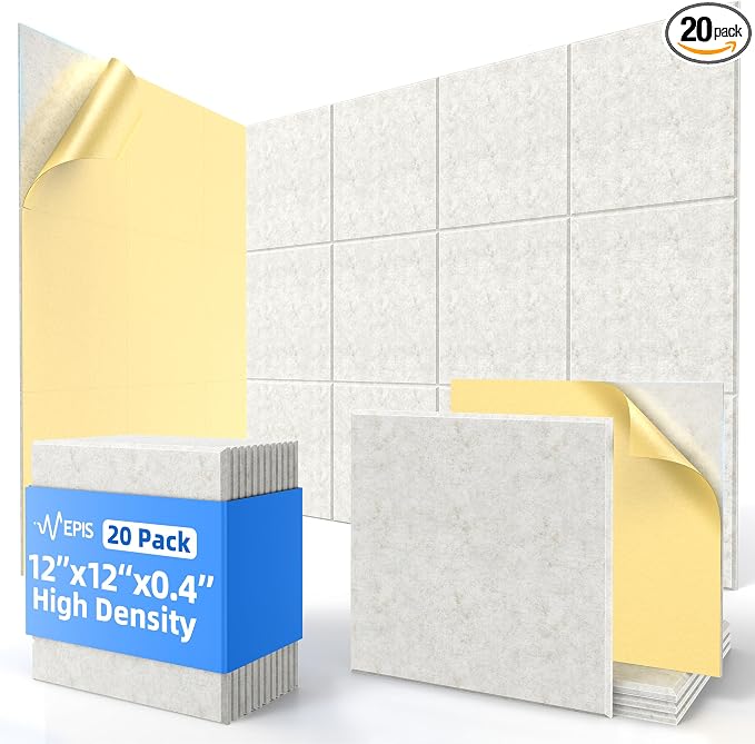 20 Pack Acoustic Panels with Self Adhesive, 12" X 12" X 0.4" High Density Sound Proof Foam Panels for Walls, Soundproof Wall Panels, Square Sound Absorbing Panels for Home Studio Office Decor - Ivory