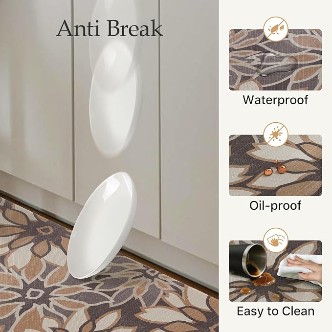 GENIMO Anti Fatigue Kitchen Mats for Floor 2PCS, Cushioned Standing Mats | 17.3"x59"&17.3"x30", Deep Brown vintage floral rug set, waterproof, non slip, easy-clean for farmhouse