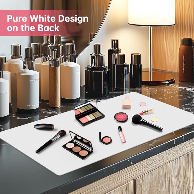 Dual-Sided Synthetic Leather Decorative Makeup Mat for Crafting, Furniture Protection, Scratch & Stain Resistant Surface Desk Pad, Waterproof Easy to Clean Vanity Protector (Floral White)