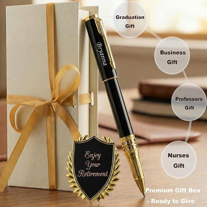 Yastar Custom Gift Pen Set with with a Custom Medal 2 extra Black Refills Engraved with your Name Phone Number any Message on Pen - Souvenir Gift for Colleague Friends Business Employees