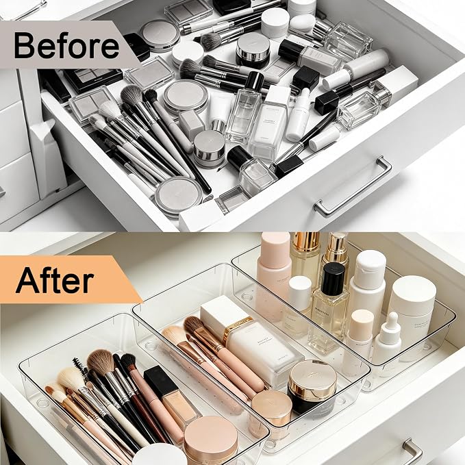 14Pack Desk Clear Drawer Organizers 6"*9" | makeup acrylic drawer trays for vanity, bathroom, office, nightstand, junk, kitchen, Versatile plastic divider storage bins